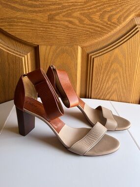 Chloé Bicolor Leather Sandals Cognac Nude Block Heel Wrap Ankle Strap| EU 40 1/2
